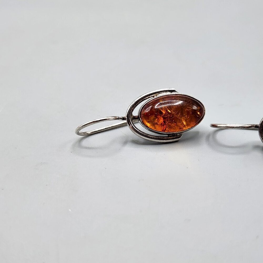 Oval Amber Drop Earrings on Sterling Silver Setting - Picture 3 of 11